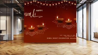 Traditional Diwali Festival banner. Deya lamps, garland of light bulbs and decorations on a dark background Wall mural