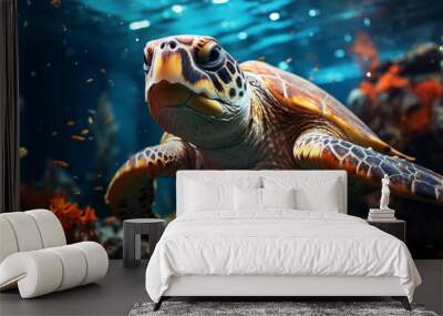 A turtle swims in the water. Wall mural