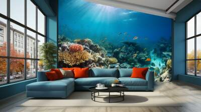 Colorful tropical fish in coastal waters. Life in a coral reef. Wall mural