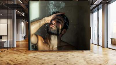 man under shower enjoy hot water drops on his nude body while relaxing at morning routine. Wall mural