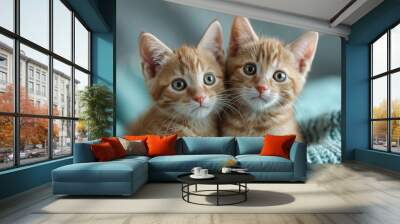 Portrait of two cute ginger tabby cats in box, adorable kitty looking at camera. Wall mural