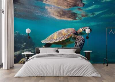 sea turtle swims in the blue ocean. Scuba diving with a sea turtle in shallow water. Underwater photo with a turtle in the blue sea. Shallow seascape with an underwater turtle. Wall mural