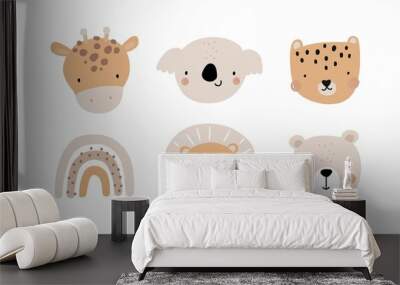 Cute cartoon Bohemian nursery print. Vector safari print for wall decor in children's bedroom. Cute African animals characters - koala, giraffe, lion, leopard, bear Wall mural