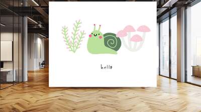 Cute cartoon insects worm snail in forest. Kawaii flat insects, leaves, fruits, bends in the garden Wall mural