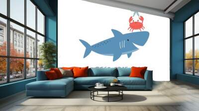 Cute cartoon undersea world. Deep Ocean or sea with starfish, shark, stars, crab. Vector illustration Wall mural