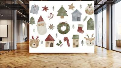 Cute cartoon watercolor. Holiday print with house, tree, leaf. My first Christmas Wall mural