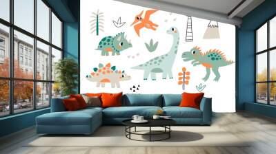 Cute doodle dino. Cartoon illustration dinosaur for children. Vector print with cute dino in flat style Wall mural