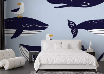 Cute wild Whale - Vector illustration. Cartoon whale, characters in scandinavian style for children. Seamless pattern with whale Wall mural