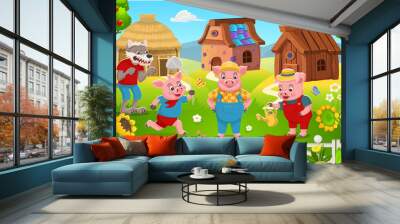  Scene from the fairy tale The Three Little Pigs. Three little pigs stand near their houses made of stone, straw, wood, and an angry, hungry wolf walks nearby. Funny cartoon characters. Wall mural