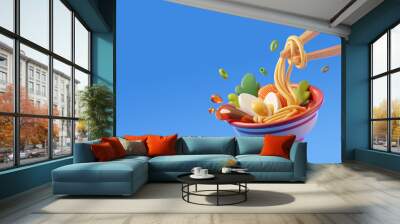 3D Asian food. Bowl of traditional noodle soup with eggs, salmon and green isolated on blue backdrop. Copy space. Ramen, udon, soba, tom yum soup. 3d render illustration Wall mural