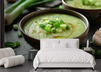 A close up of two bowls of soup on a table Wall mural