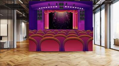 A theater stage with a red open curtain and and red seats. Vector template illustration Wall mural