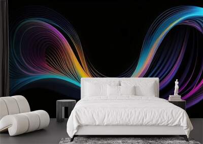 Abstract colorful wave of lines on black. Wall mural