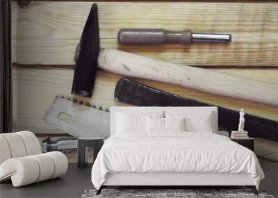 Bench tools on a wooden background. Wall mural