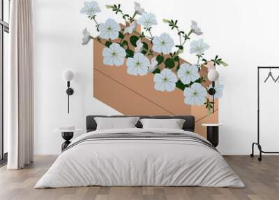 Bouquet of white flowers petunia, buds and green leaves in the box. Isolated on white background. Wall mural