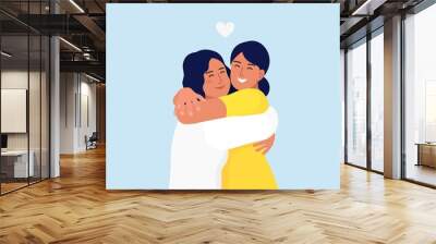 A girls hugging each other with a smiling face. Happy meeting of two friends. Friendship, care and love concept. Vector illustration Wall mural