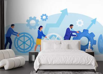 Business organization. Teamwork. People working together to help success mission. Businessmen are engaged in business promotion. Cooperation or community concept. Employees create mechanism with cogs Wall mural