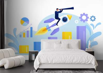 Businessman sitting on Flying Rocket, Spaceship or Spacecraft. Character Looking Through Spyglass. New Business Project Launching, Successful Start Up. Innovation Idea Research Wall mural