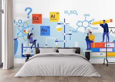 Chemistry pharmacy lab, science equipment. People learning chemical formula, elements. Scientific experiment in laboratory with reagents, test glass flask, chemical substances. Education, innovation Wall mural