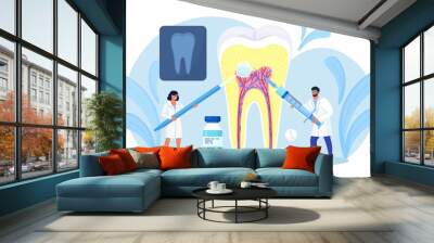 Dentists cleaning and treating big unhealthy tooth with caries cavity. Toothache. Stomatology, Dentistry concept. Doctors with professional instruments for check up and treatment. Dentist appointment Wall mural