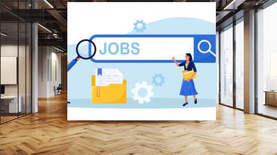 Employees looking for job. Unemployed people using magnifying glass searching vacancy on the search bar. Unemployment. Career, find opportunity, work position. Online recruitment service Wall mural