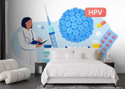 Human papillomavirus. Doctor diagnosis HPV virus. Cervical cancer early diagnostics and checkup. Scientist analyzing infected cells. HPV vaccination for reduce virus infection risk or oncology. Vector Wall mural