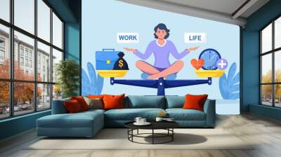 Life and work balance on scales. Woman keep harmony choose between career and money versus health and time, leisure or business. Comparison stress and healthy life, family, love versus job. Vector  Wall mural