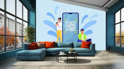 QR code scanning concept. Characters use mobile phone, scan barcode for online payment. Digital money app. Vector illustration Wall mural