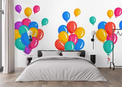 Set of bunch of helium balloon, flying air balls isolated on white background. Happy birthday, holiday concept. Party decoration. Vector cartoon design Wall mural