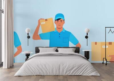 Set of Delivery men with carton box in hands. Courier in cap with parcel. Vector illustration Wall mural