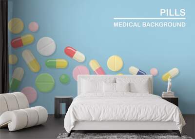 Set of pills, medicine, drugs. Painkiller Tablet, vitamine, pharmaceutical antibiotics. Medical background. Vector cartoon design Wall mural