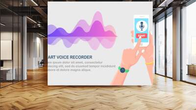 Sound audio gradient wave from equalizer. Cellphone with microphone icon on screen. Mobile phone app for digital voice radio record. Music frequency in color spectrum. Vector flat design Wall mural