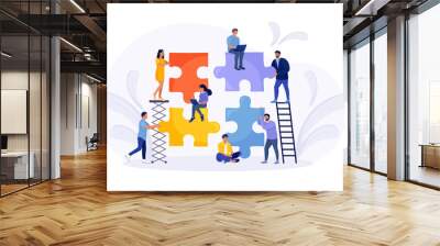 Tiny people connecting puzzle pieces trying to find a solution together. Effective workflow. Teamwork, cooperation, partnership and collaboration. Business concept Wall mural