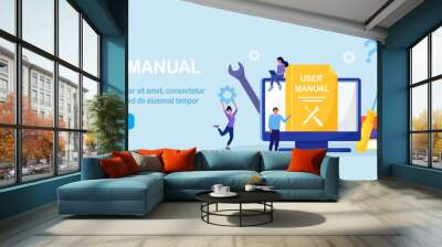 User manual. Customer find answers online in internet. Business person reading user guide or textbook on monitor. Q and A. FAQ and instructions Wall mural