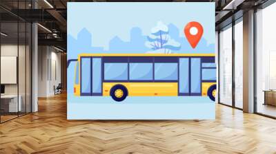 Woman buying bus ticket online with smartphone application. Female passenger with luggage planning trip online. Mobile booking service for tourism and vacation. Public transport route around town Wall mural