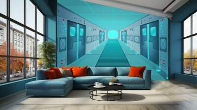 Corridor in a spaceship.Vector cartoon background interior room sci-fi spaceship. Background for games and mobile applications. Wall mural