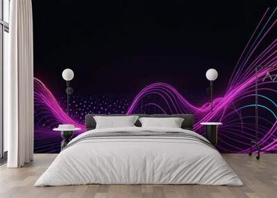 Elegant flowing fluid purple lines, dots on the dark horizontal background. Wall mural