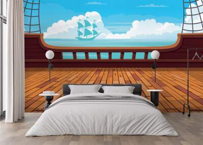 Empty deck on a ship. Hand drawing game background. Vector. Cartoon. Wall mural