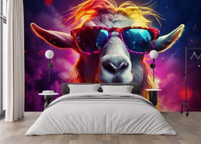 Fashion portrait of a llama wearing sunglasses and colorful hair. Colorful background. Wall mural