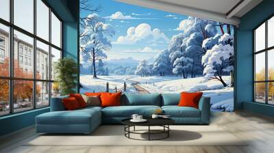 Frozen country road through snowy forest in winter with the blue sky. Winding country road goes into the distance. There are snow-covered trees on both sides of the road. Illustration in cartoon style Wall mural