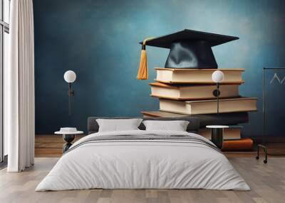 Graduation cap on stack of books on wooden table with blackboard background. Graduation cap above stack books with degree paper on wooden table Wall mural