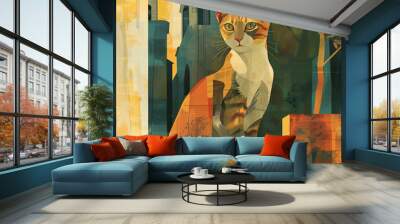 Illustrated cat in abstract urban background Wall mural