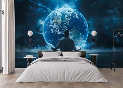 Meditation man sits in lotus position against the background of space and holds planet earth in his hands. Meditation in space. Wall mural