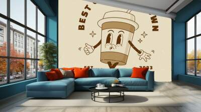 Cartoon retro 70s paper cup of coffee vector illustration. Groovy vintage poster latte character. Take away hot drink. Nostalgia 1970s, 60s Wall mural