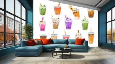 Set of bubble milk tea with tapioca pearls. Asian Taiwanese beverage. Summer yummy cold drinks. Milkshake with splash vector illustration Wall mural