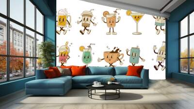 Set of retro cartoon drink characters vector illustration. Beverage mascot collection. Vintage beer, juice, coffee, cappuccino, latte, can, alcohol coctail, soda, smoothie on white background. Wall mural