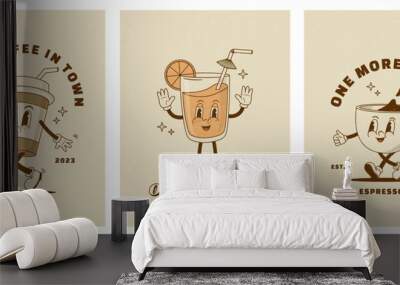 Set of retro cartoon funny characters posters. Vintage drink vector illustration. Latte, cappuccino, coffee cup, fresh juice mascot. Nostalgia 60, 70s, 80s. Print for cafe Wall mural