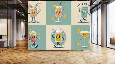 Set of retro cartoon funny drink characters vector illustration. Beverage mascot collection. Vintage beer, juice, coffee, can, alcohol coctail, soda, smoothie. Wall mural