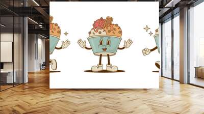 Set of retro cartoon funny  Ice cream characters with different poses. Icecream scoop mascot. Vintage street food vector illustration. Nostalgia 60s, 70s, 80s Wall mural