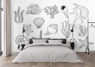 Shells, sea plants and starfish isolated on white background. Coral reef vector illustration. Collection of clam mollusc linear icons. Ocean life outline set Wall mural